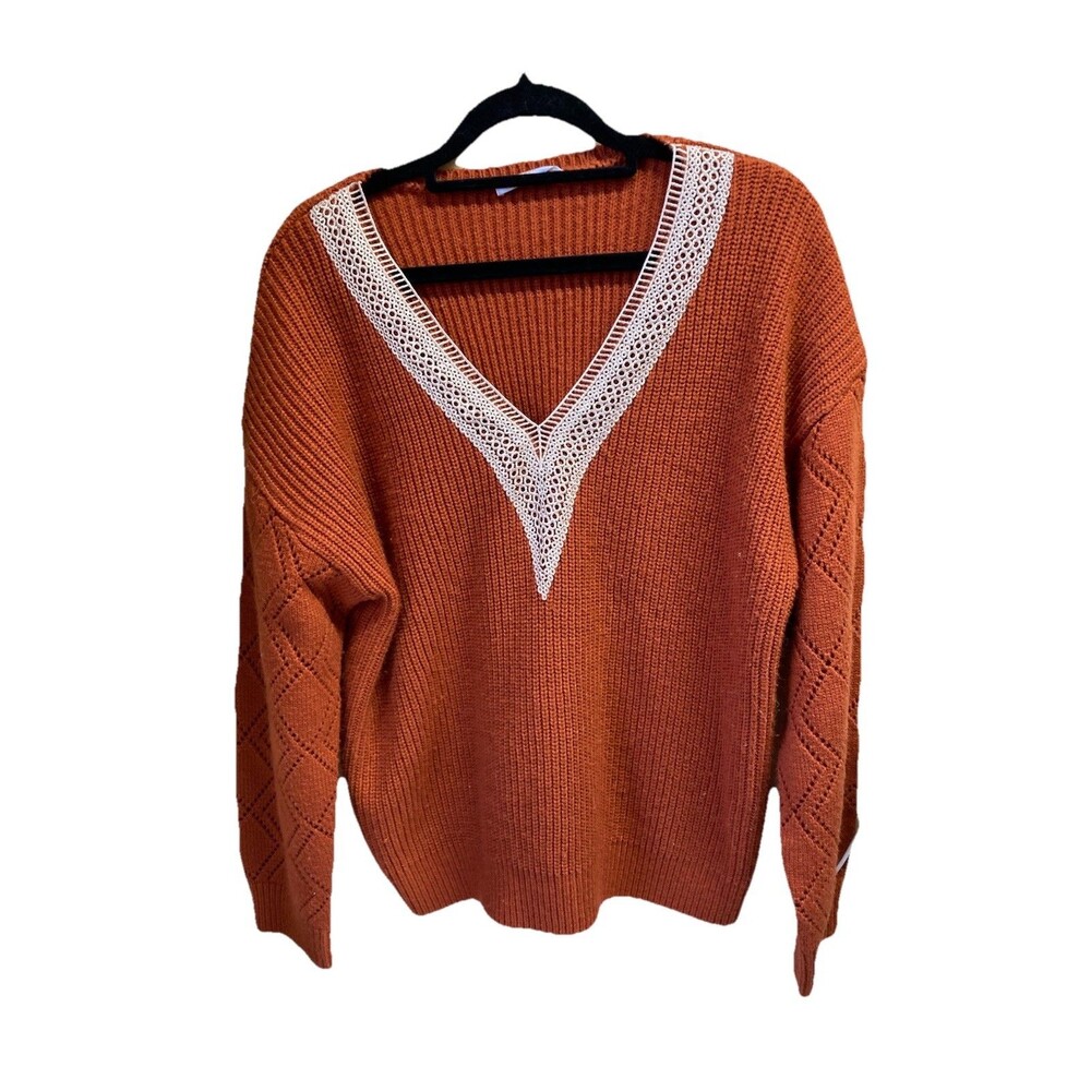 Kirundo Womens M Burnt Orange V-Neck Crochet Lace Trim Pointelle Sleeve Sweater